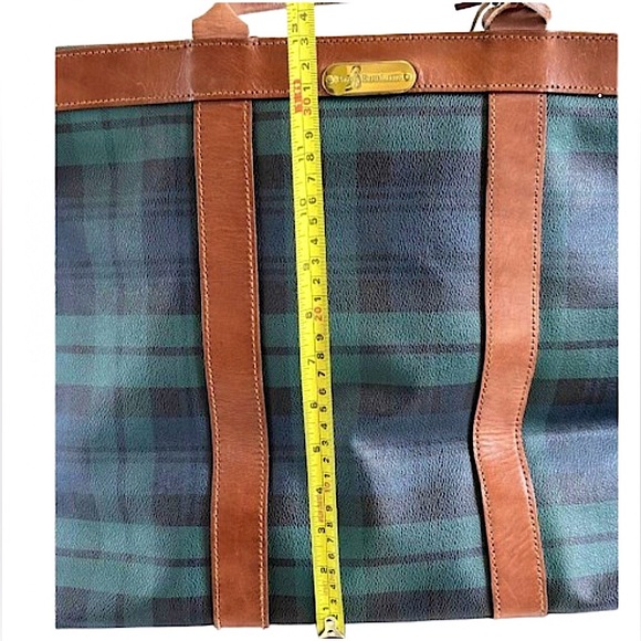 RALPH LAUREN BlackWatch Plaid Coated Canvas Brown Leather Top Zip Oversized Bag - Picture 11 of 16